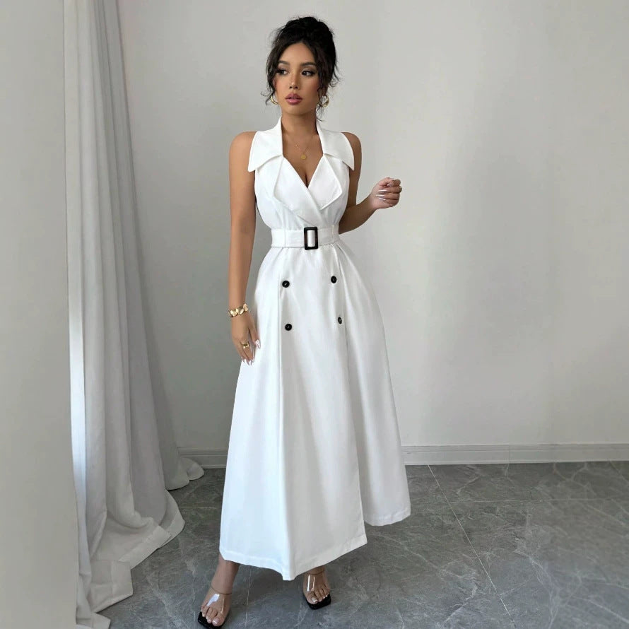 double-breasted elegant polo collar sleeveless dress - slim fit, figure-flattering a-line dress