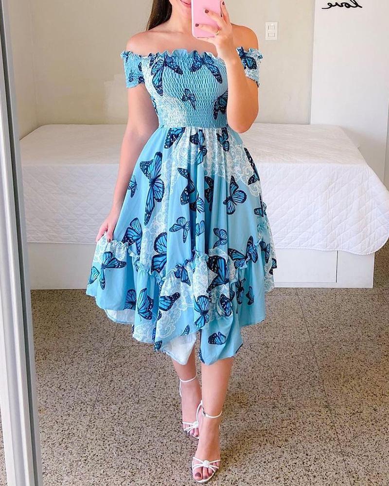 fashion cross-border   one-shoulder asymmetrical off-shoulder short-sleeve digital print dress