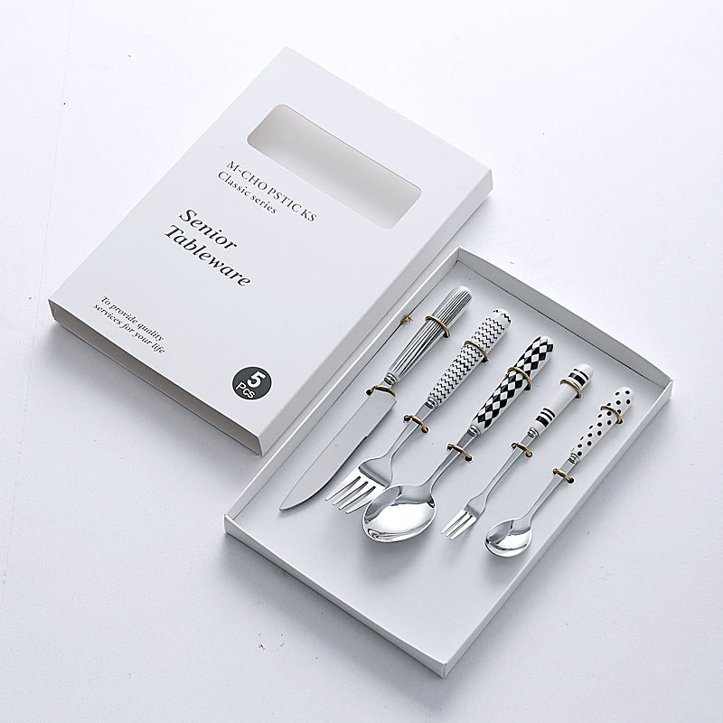 Retro hepburn style stainless steel tableware three-piece knife, fork and spoon set ceramic handle fork and spoon gift box gift wholesale