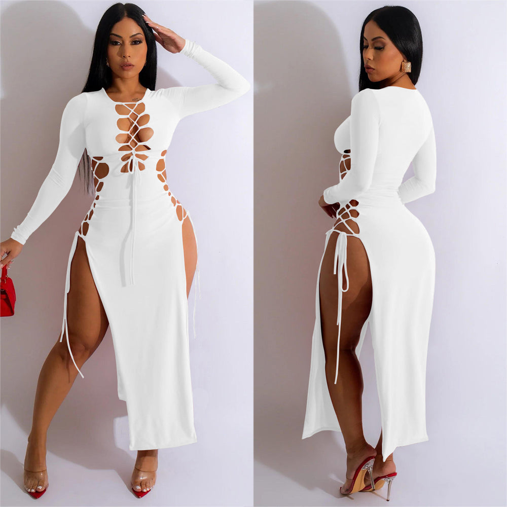 C6237 cross-border   fashion women's solid color drawstring slit long sleeve maxi dress