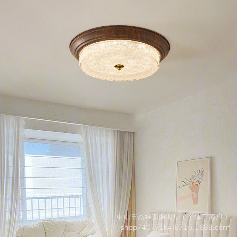 Medieval walnut round ceiling lamp with ice crackle glass soft light bedroom master bedroom secondary bedroom balcony corridor