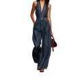 Amazon cross-border fashion cross-border tight waist silm elastic washed denim jumpsuit straight-legloose jumpsuit