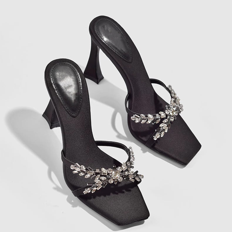 2026 summer european and american style silk satin stiletto heel crossover rhinestone square toe open toe sandals - women's high heel slippers - fashionable and sexy
