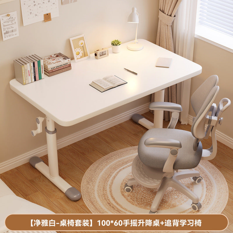 Hand-crank adjustable desk, thickened study table, bedroom study room complete computer desk set, adjustable wooden children's desk and chair set