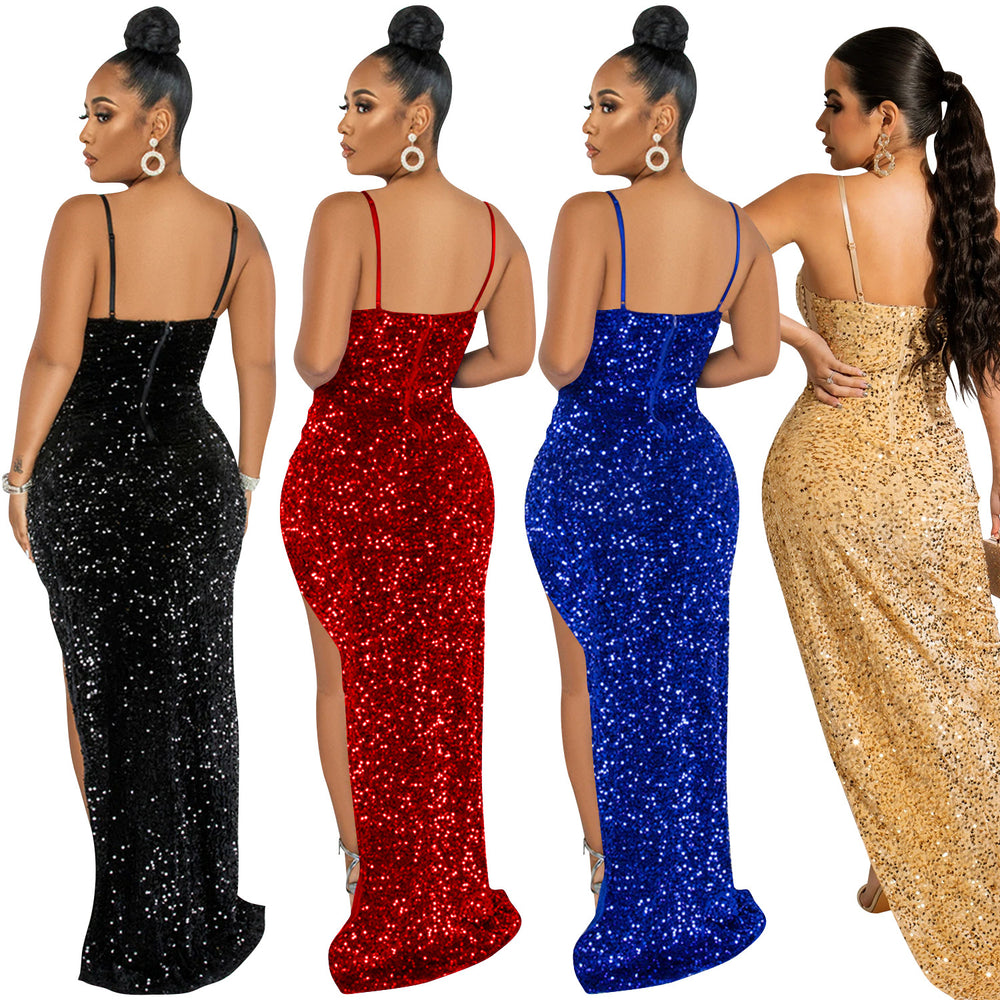 X5843   fashion fashion sling beads mesh see-through irregular slit dress for women