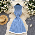 High-end niche sleeveless knittingdress women's summerretro waist slimming lookcontrast colorpatchworkpleated vest dress