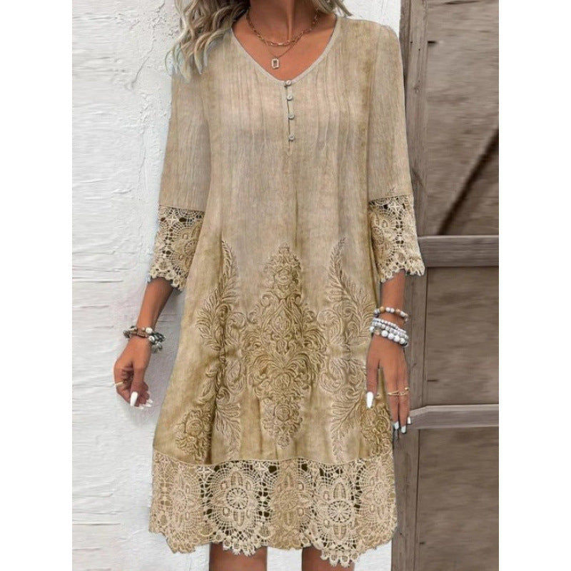 Shipped:  cross-border fashion -  spring/summer new arrivals - solid color lace trim dress (europe & america)