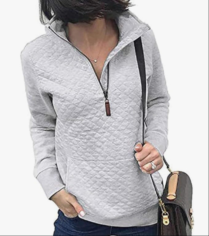cross-border spring/autumn european and american zip-up pullover quilted sweatshirt knitted long sleeve mock neck pullover with pockets pol