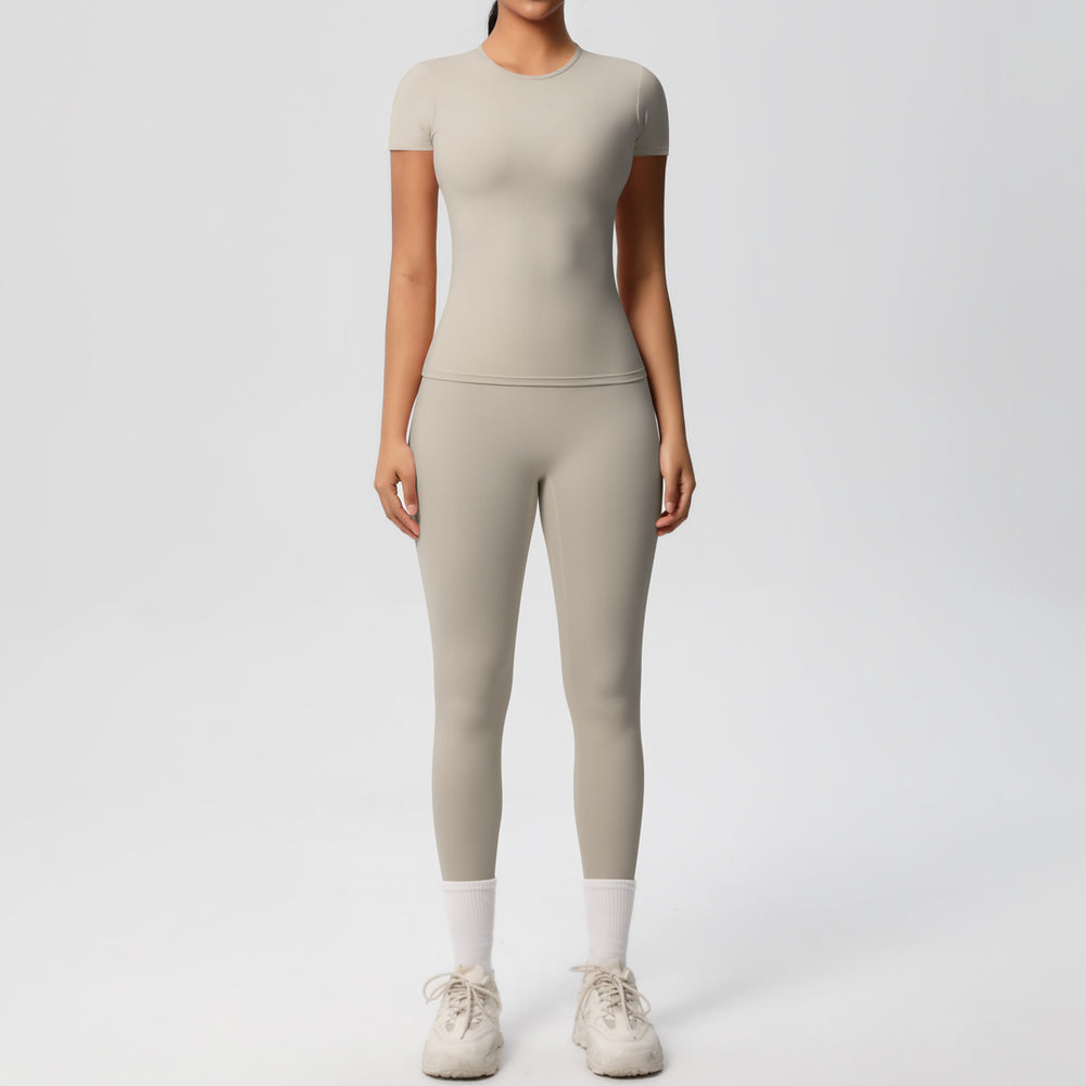 Ready-to-ship, solid color, double-sided brushed, breathable, form-fitting, two-piece activewear set for fitness, running, and yoga