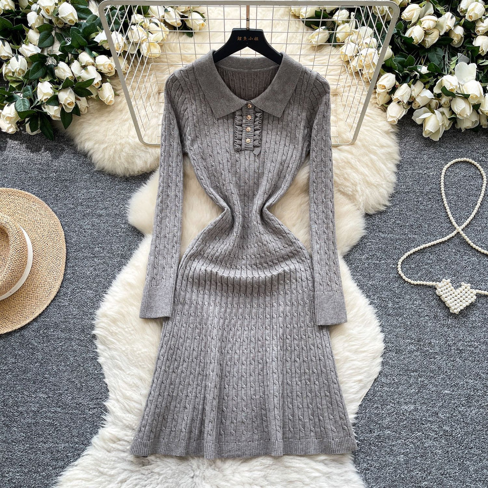 Inner wear sweater skirt with coat autumretro lapel waist slimming lookelegantlong sleevesknittingdress