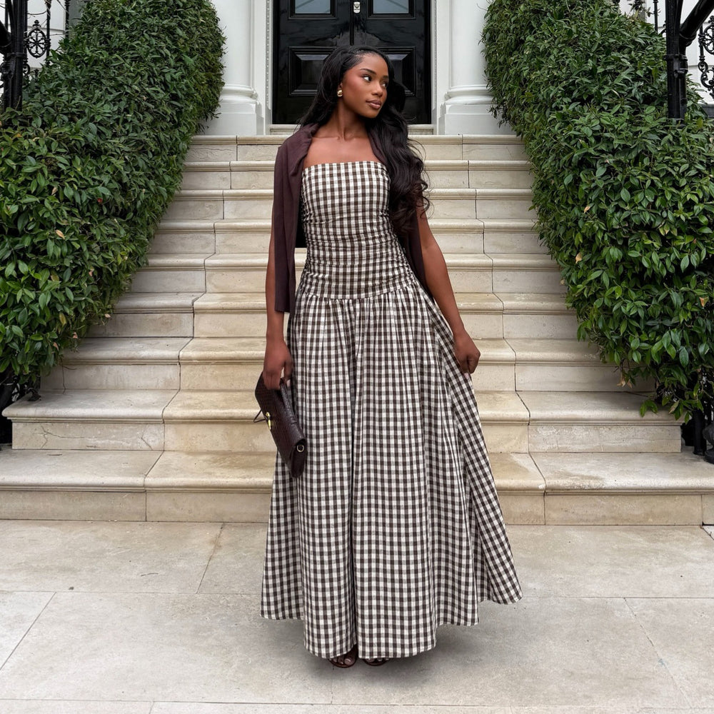 European and american cross-border women's clothing:  summer new arrival - elegant retro plaid bandeau high-waisted vacation-style maxi dress