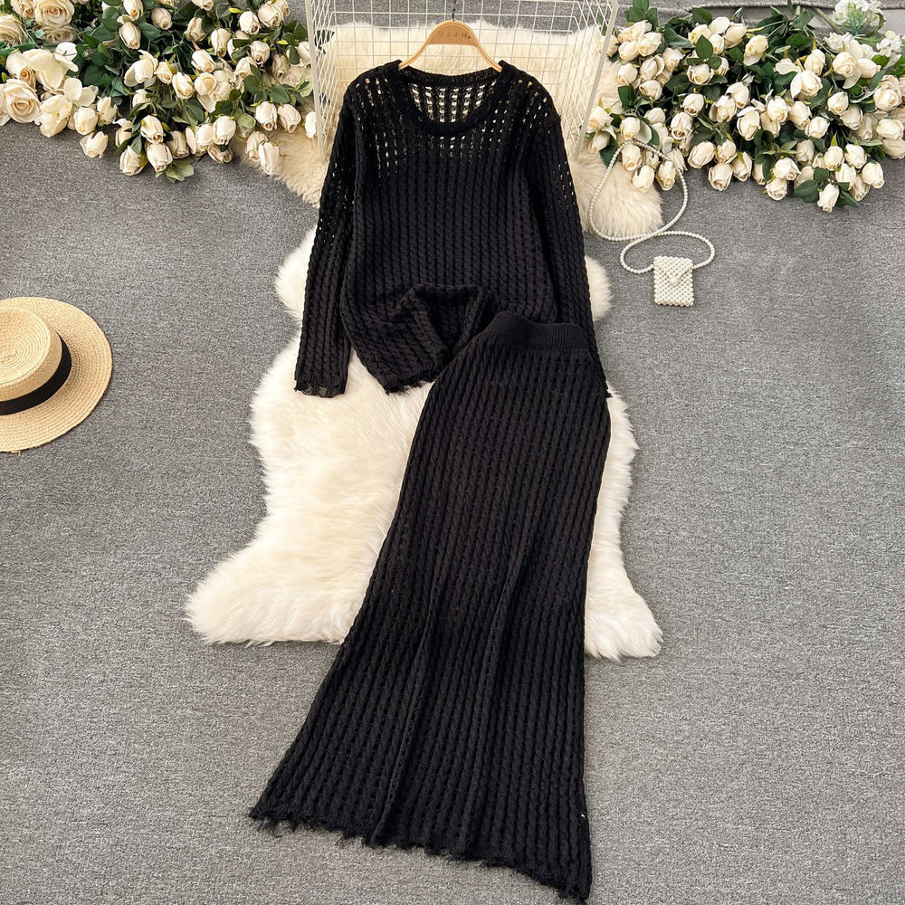 Korean style early spring outfit: effortless knit set for women - designer cutout top & versatile midi skirt two-piece trendy set