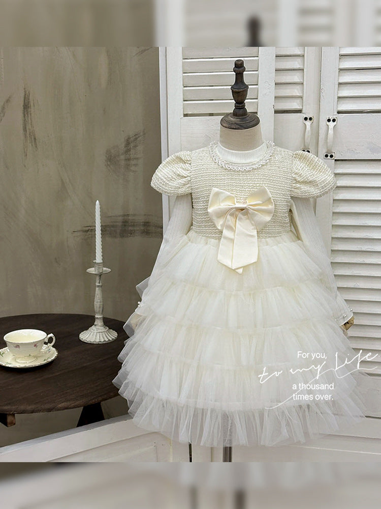 Girls' dress  autumn new style elegant formal dress bowknot mesh skirt flower girl princess dress birthday outfit