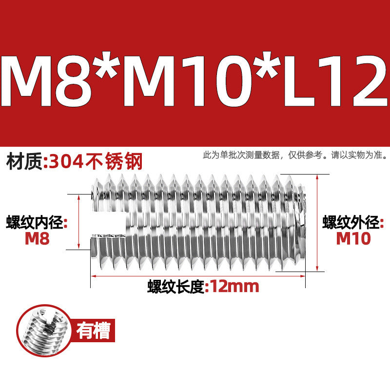 304 stainless steel inner and outer tooth nuts, thread conversion variable diameter braces, thread sheath, one-word slotted screw nuts