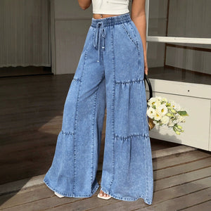 European and american style drawstring elastic waist patchwork wide leg jeans for women - washed, distressed, loose fit, drapey long pants