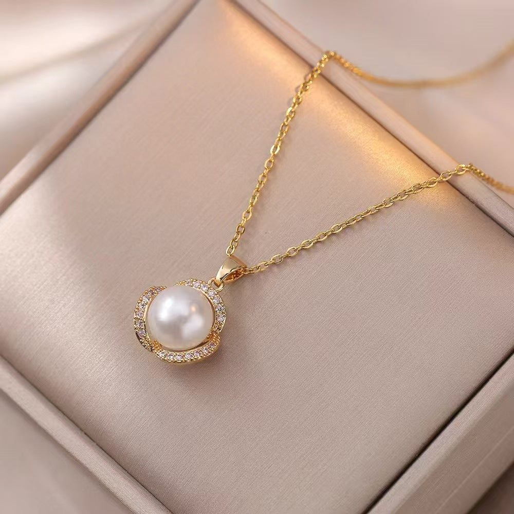 Pendant women's jewelry pearl gemstone diamond necklace earring set niche minimalist high-end design titanium steel jewelry