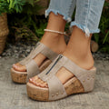 summer new thick-soled cross-border export wedge heel peep-toe slides, plus size women's rivet sandals wholesale