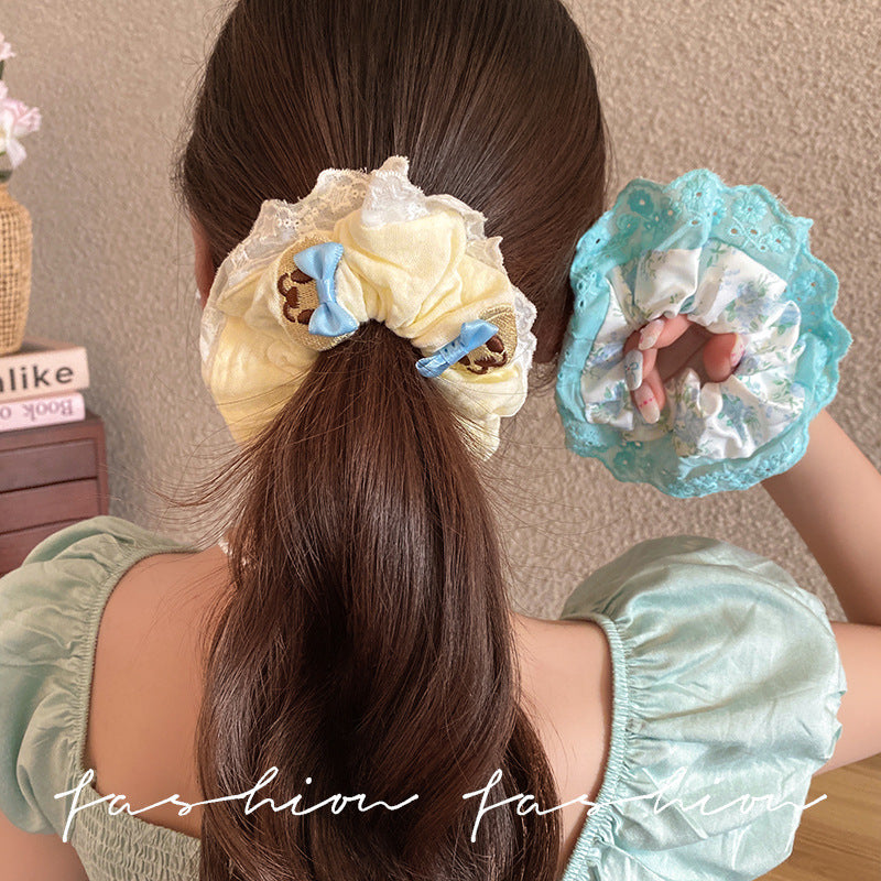 Cuteembroiderbear blue bowslace large intestine hair tie female korean style gentle large hair rope headwear wholesale