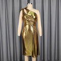European and american sexy gold cutout bow one-shoulder dress - ruched waist bodycon evening gown