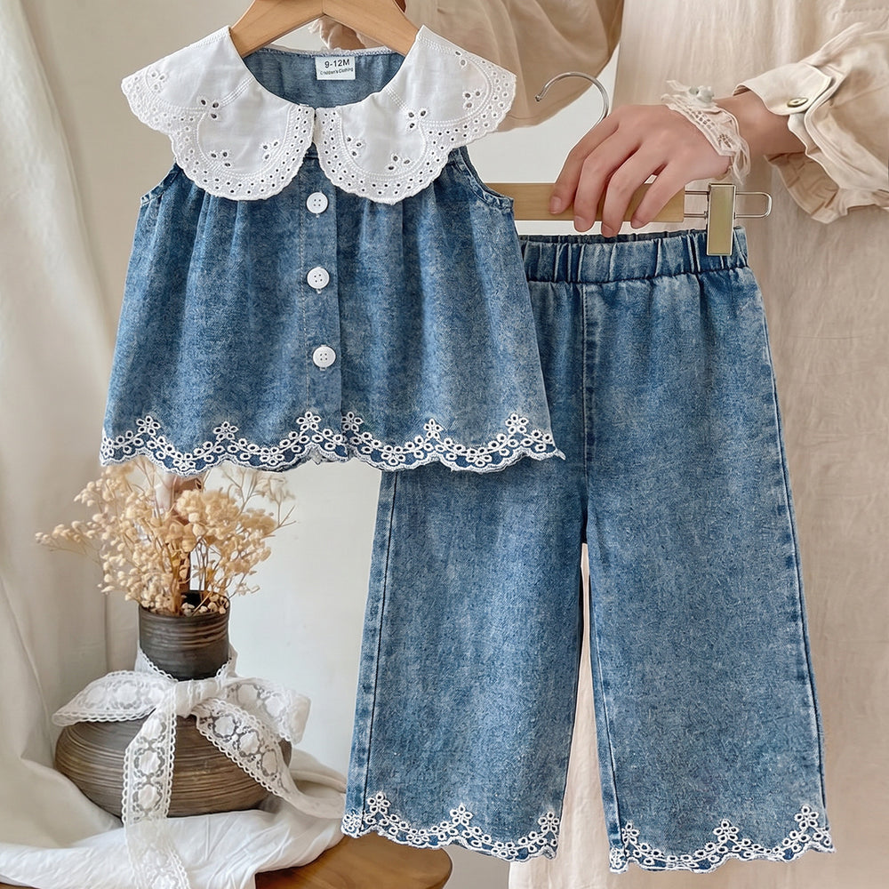 Baby clothing kids set children outfit white collar blue tops+pants