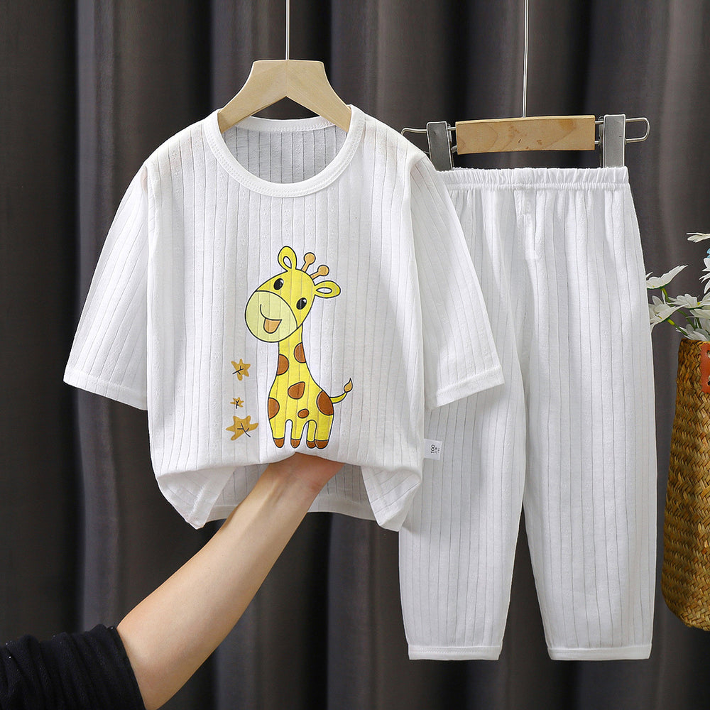 Summer kids' pure cotton loungewear set - boys' and girls' lightweight pajamas, breathable three-quarter sleeve baby air conditioning suit