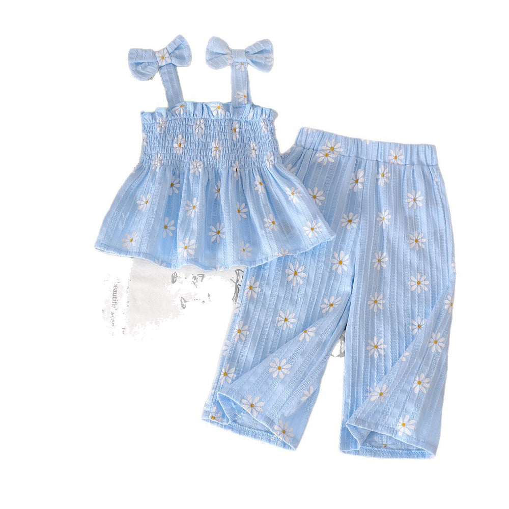 Girls' summer casual outfit: ruched waist cami top & daisy print pants - fresh & stylish summer wear for kids