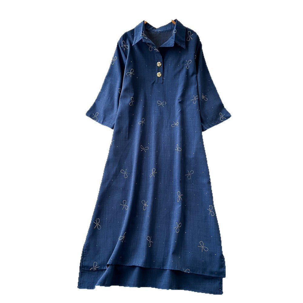 Light mature french style red printingdress women's summer diamond bows short-sleeved lapel slimming lookelegantwork clothing skirt