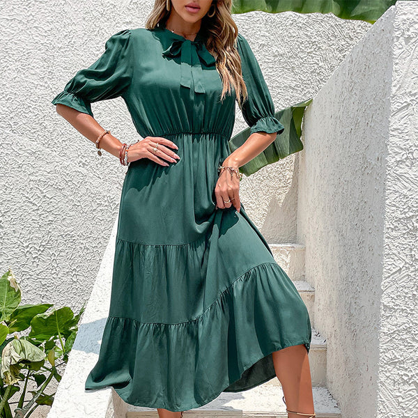 summer sweet and elegant retro European and American bow decoration bubble sleeves solid color dress drape