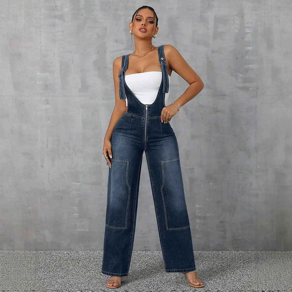 50-65610#  women's fashion european and american style spicy girl overalls jumpsuit wide leg straight leg denim pants