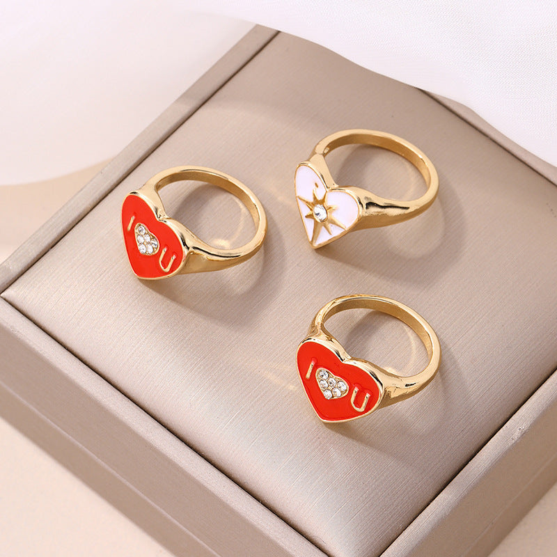 European and american cross-border exaggerated jewelry niche stylish oil dripping ring foreign trade alloy heart letter stacking ring for women