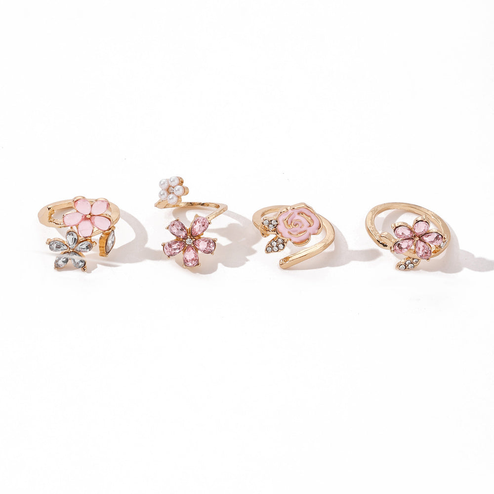 ins pink flower ring set for women, fashionable niche fairy style, sweet and light luxury diamond-encrusted hand jewelry