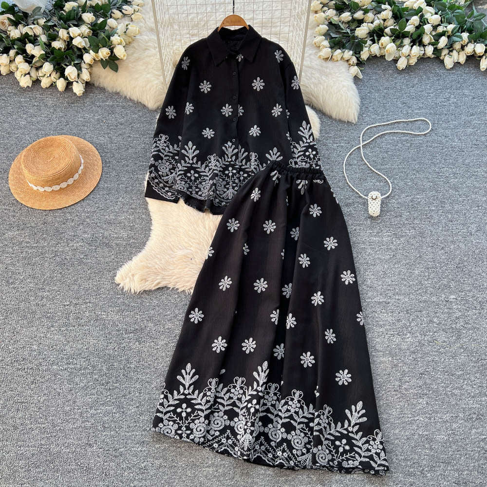 French chic two-piece set: autumn lantern sleeve blouse & high-waisted maxi skirt - effortless style for work or play