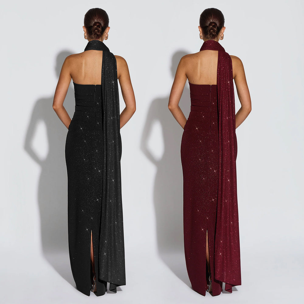C7635 cross-border   fashion women's sexy bandeau sparkly bodycon slit dress
