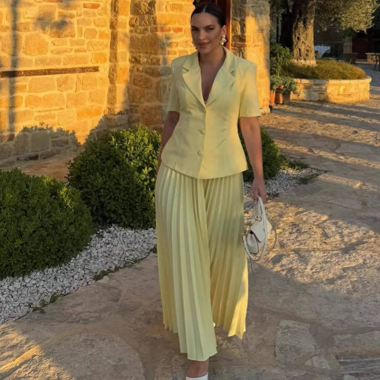 Cross-border European and American women's clothing suit collar solid color cardigan shirt pleated skirt women's  foreign style fashion suit women