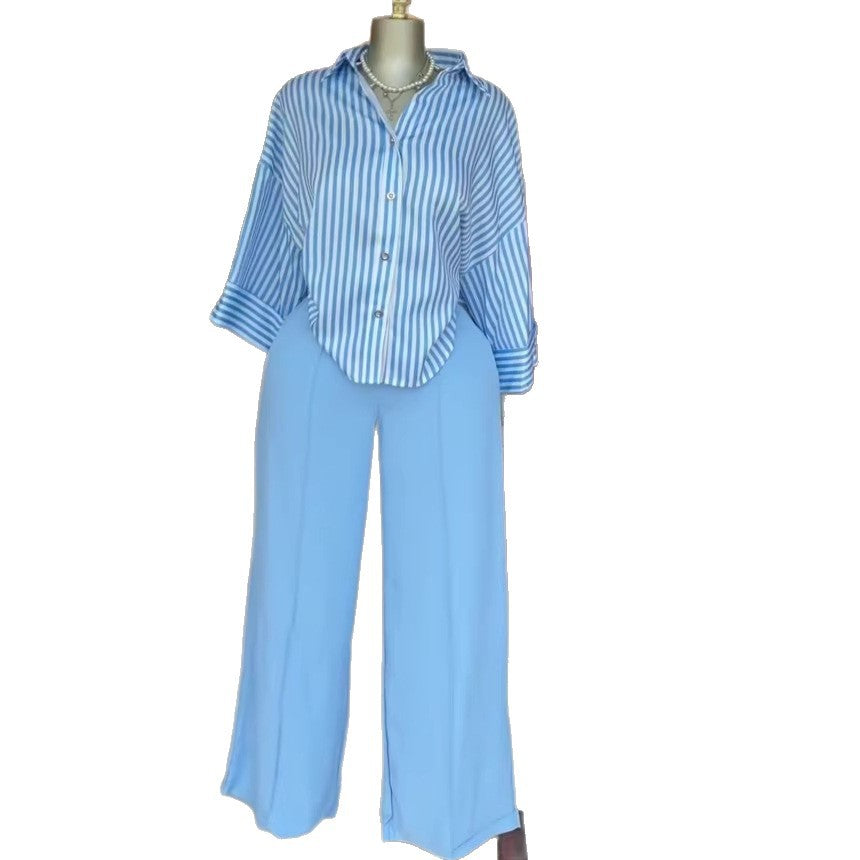 European and american cross-border women's clothing  summer new arrival: elegant casual striped loose-fit shirt and wide-leg pants fashion set