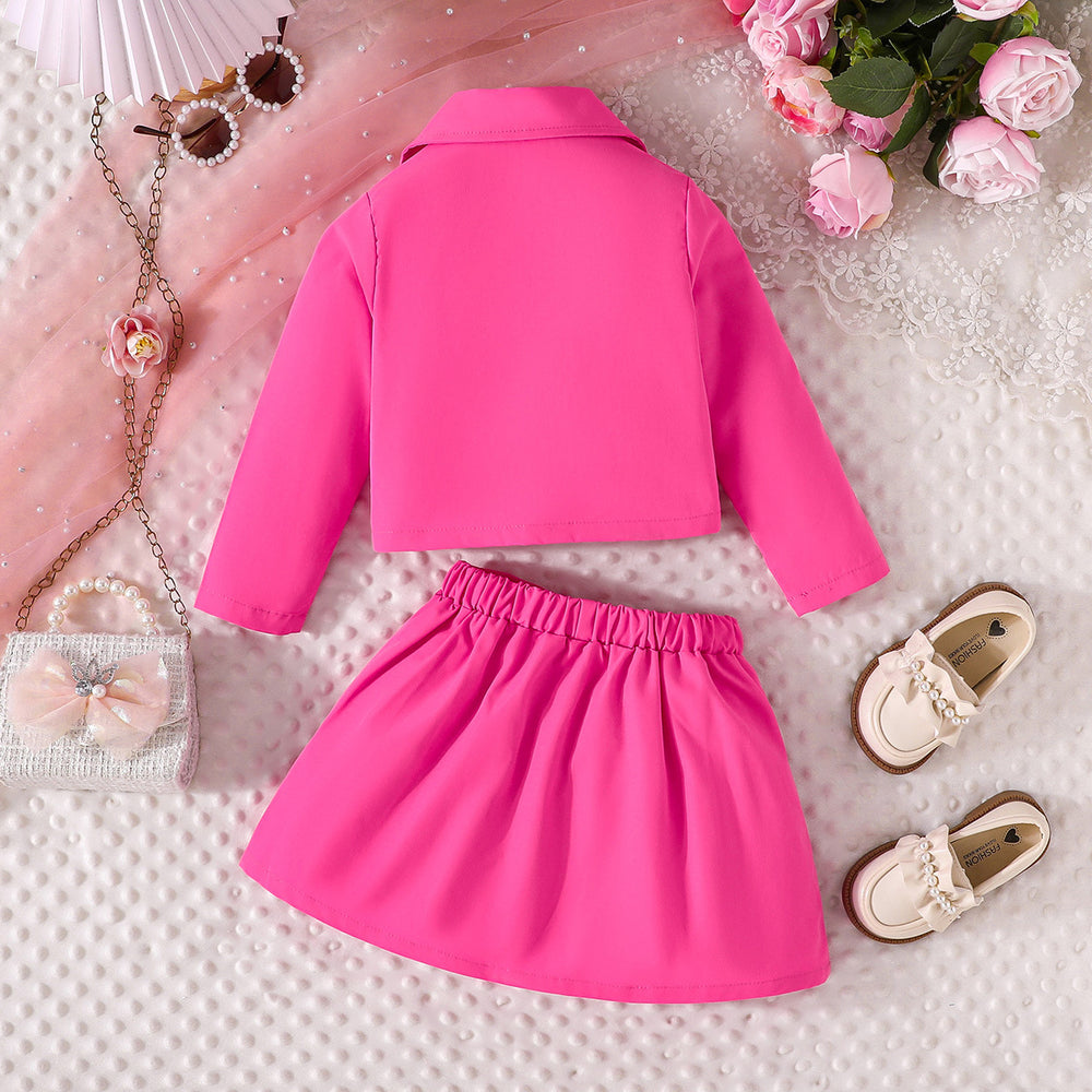 girls' solid color preppy style outfit: new autumn 3d floral blazer + pleated skirt set