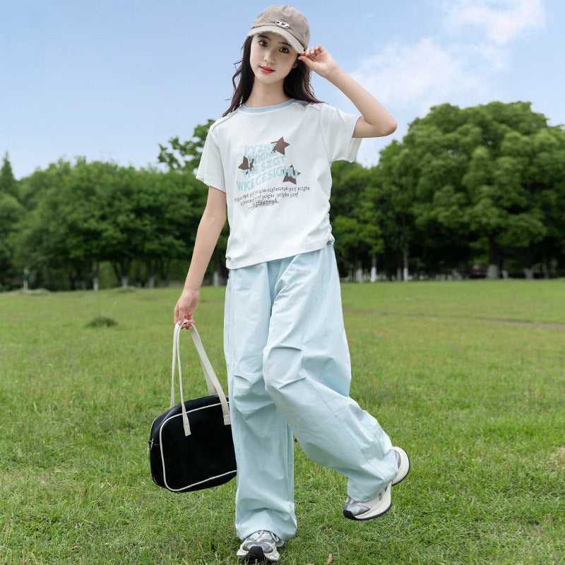 girls' short-sleeve wide-leg pant set: summer loose-fit, versatile, trendy, american-style, unique design two-piece outfit