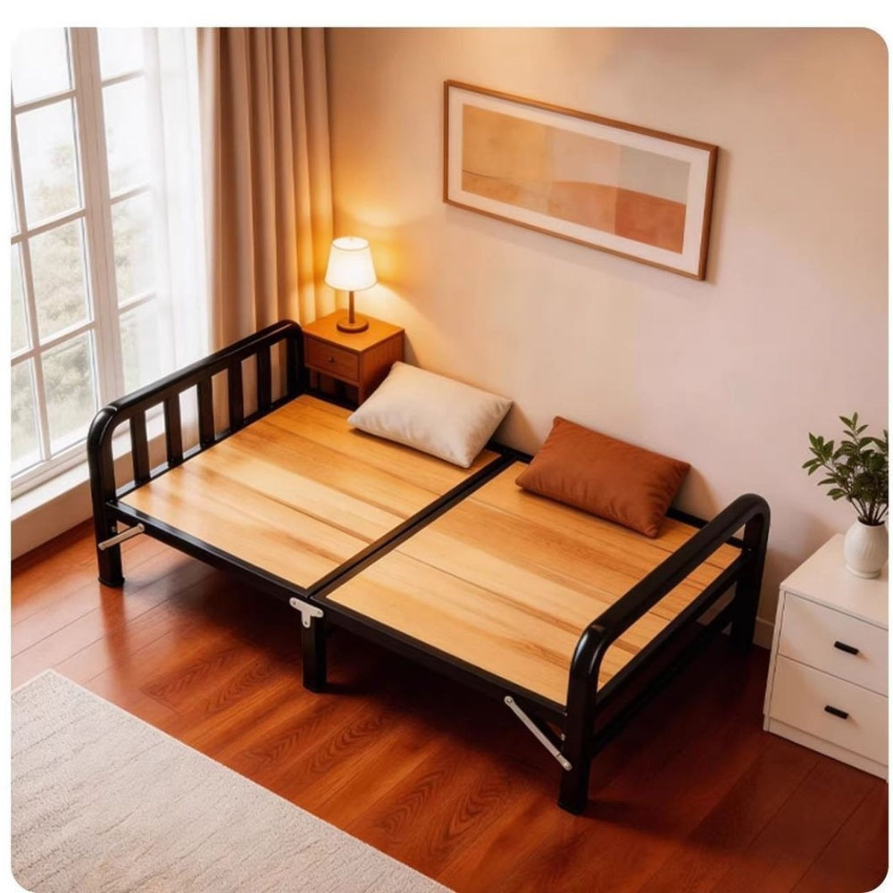 Solid wood folding bed single bed home hard board bed simple patchwork bed iron steel wood bed adult bed