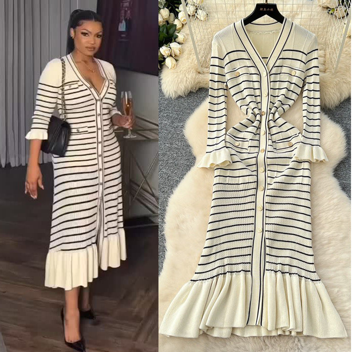 Elegant v-neck striped knit dress for women - perfect for cross-border e-commerce: autumn/winter, slim fit, ruffled hem, and stretchy