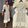 Elegant v-neck striped knit dress for women - perfect for cross-border e-commerce: autumn/winter, slim fit, ruffled hem, and stretchy