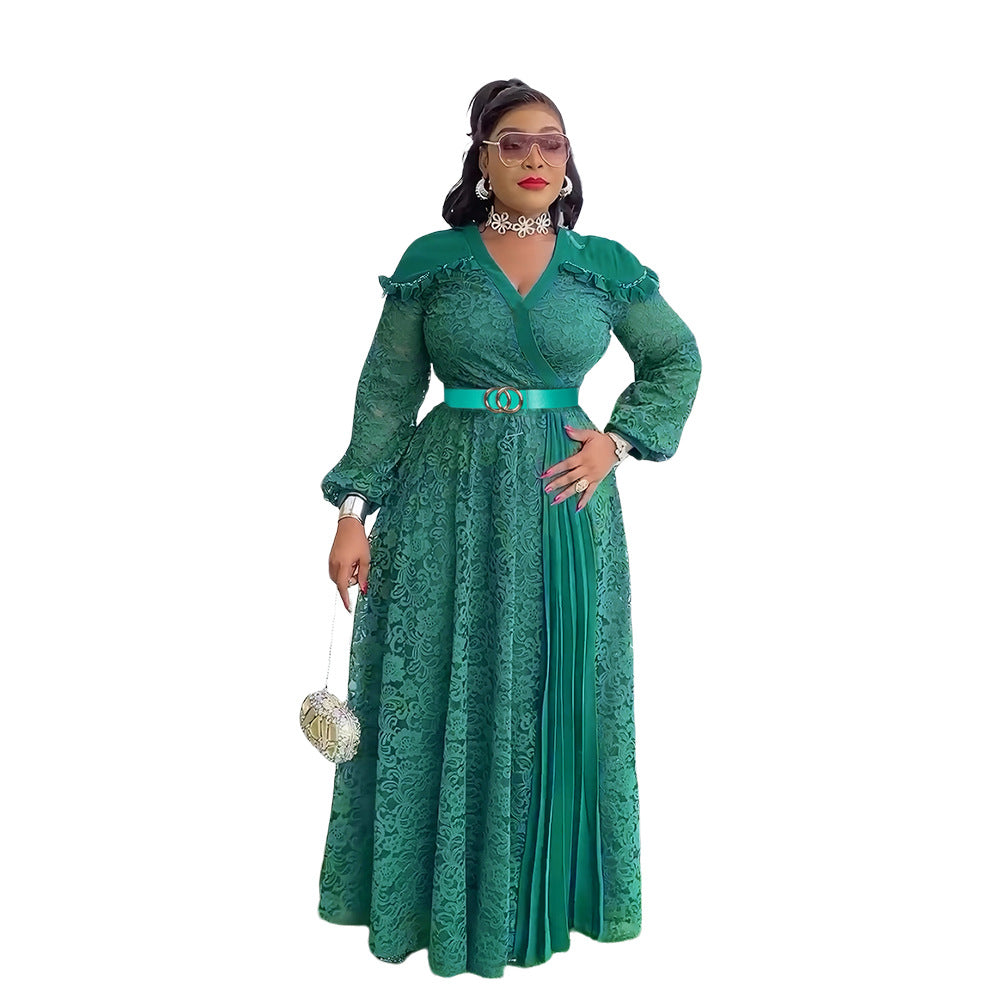 Amazon fashion cross-border export young lady style waist patchwork lace dress women's plus size elegance long skirt