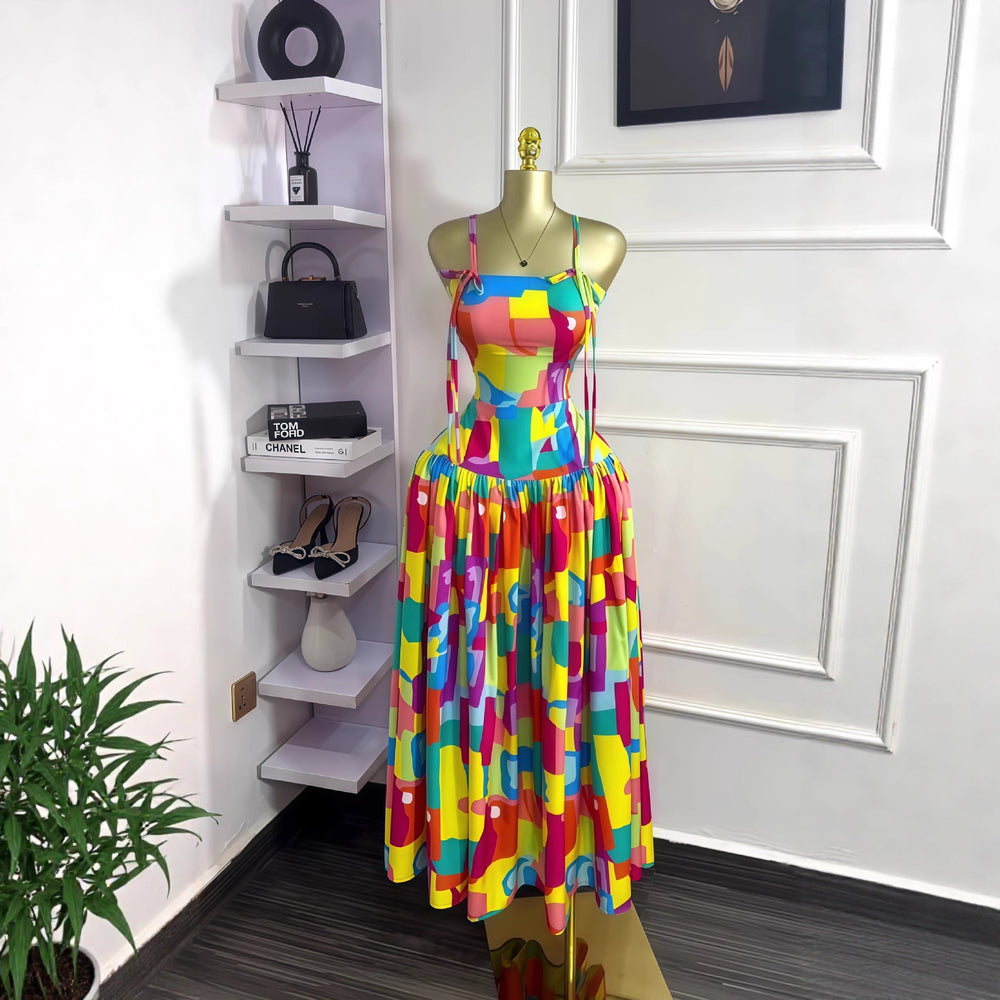 European and american cross-border women's fashion  autumn new sleeveless camisole bandeau printed ruched elegant long dress