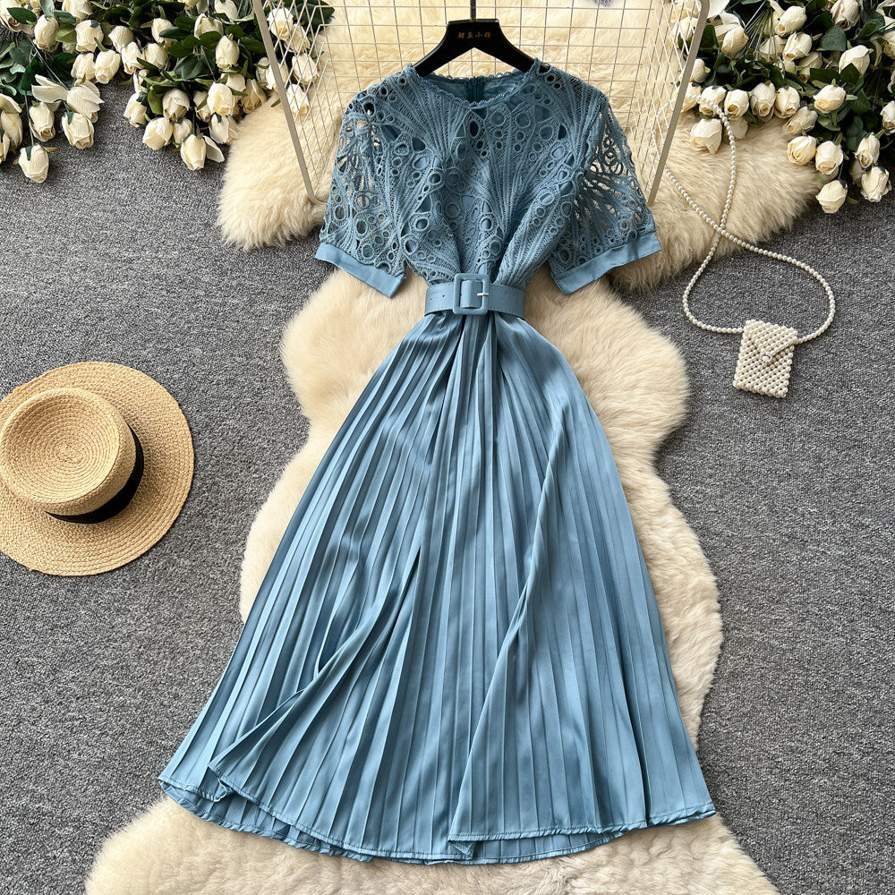 Frenchretrocut out short-sleeved dress women's summerk-style waist slimming lookclassy sense pleated long skirt work clothing