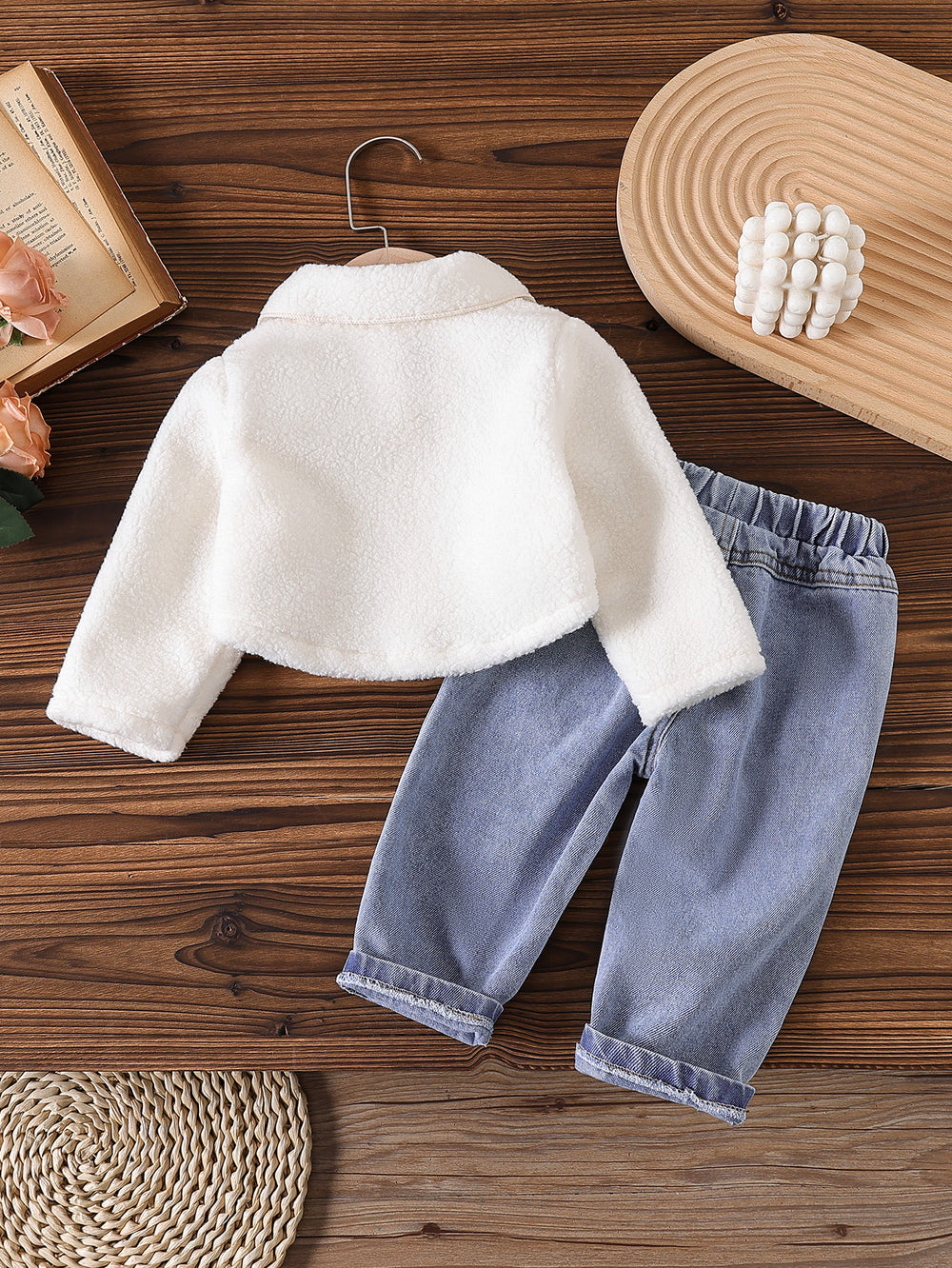 New autumn cross-border baby & toddler fleece-lined embroidered jacket & heavy-duty washed denim pants two-piece set