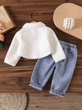 New autumn cross-border baby & toddler fleece-lined embroidered jacket & heavy-duty washed denim pants two-piece set