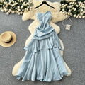 French goddess style design square neck bandeau strap ruched waist ruffle hem mini dress long gown