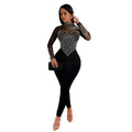 C6912 cross-border   fashion women's solid color mesh rhinestone long sleeve pants jumpsuit