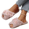 2025 new autumn fuzzy slippers for women - stylish floral design, indoor home use, flat cross-strap, warm plush cotton slippers