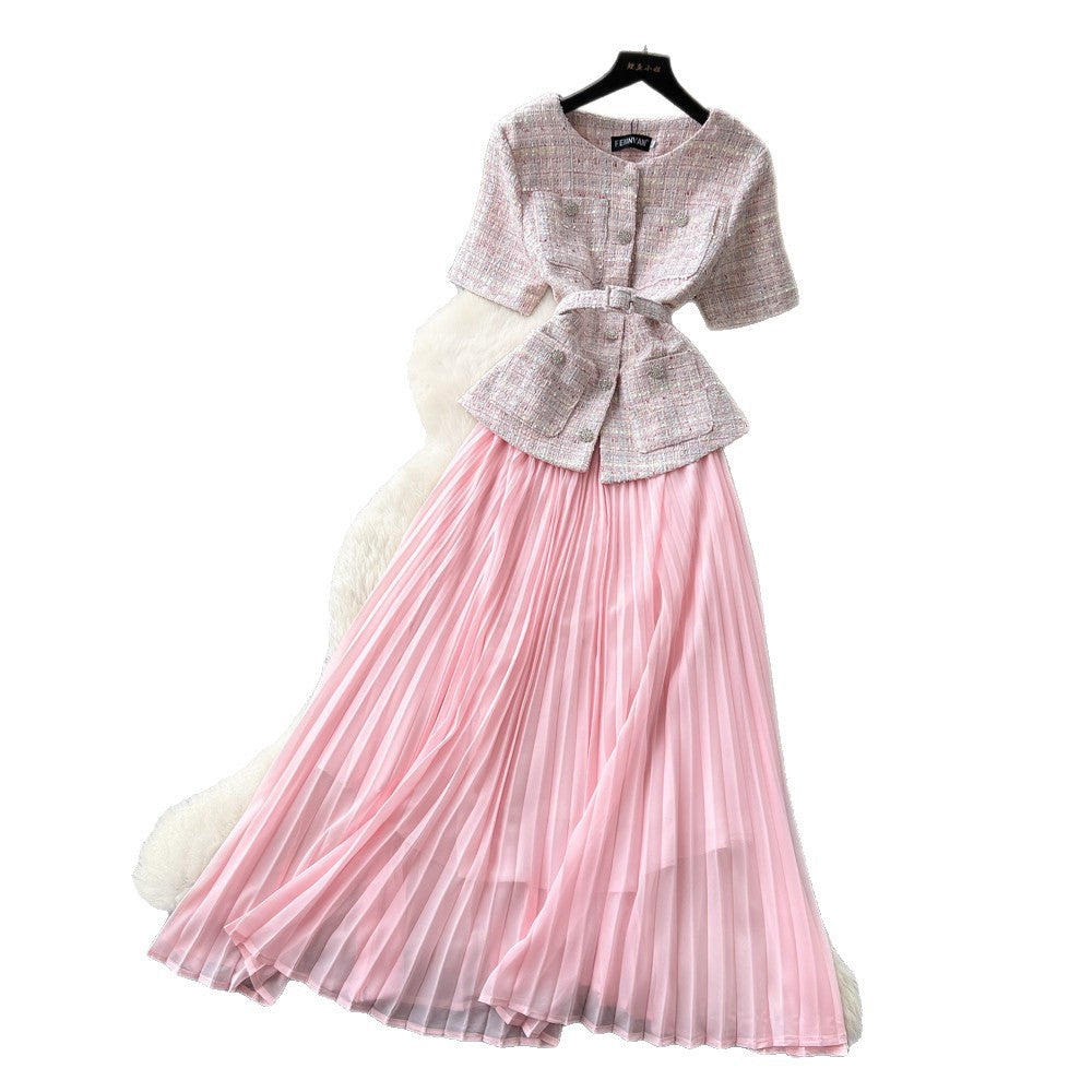 Xiaoxiangfengsequin round neck pleatedpatchworkdress women's summerclassy waist slimming lookpleated long skirt work clothing