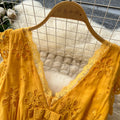 Yellow vacation dress for women,  new arrival: soft & elegant v-neck, cutout embroidery, cinched waist, flowy maxi dress